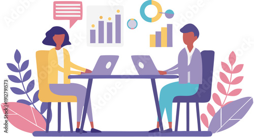 Two people working on laptops at a desk with colorful office supplies and graphs