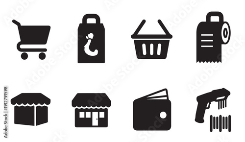 Black retail icons set including shopping cart and storefront
