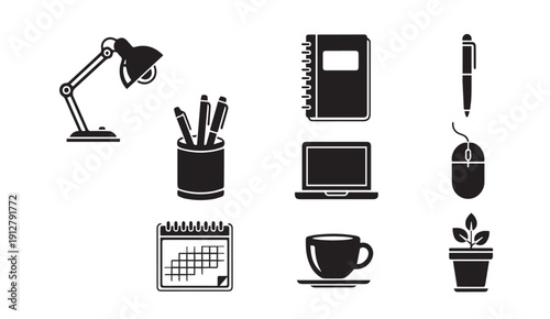 Modern office supplies and accessories set in black and white