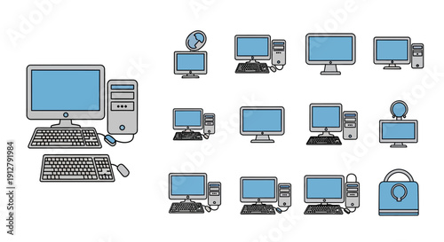 Collection of Computer Icons: Desktops, Laptops, and Peripherals