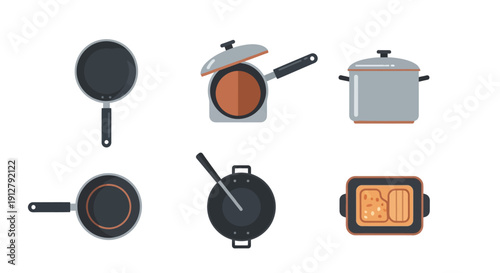 Set of kitchen cookware, pots, pans, and skillet, flat design icons