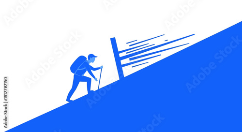 Minimalist Blue Hiker Climbing Steep Slope Vector Illustration - Concept of Ambition, Challenge, and Progress