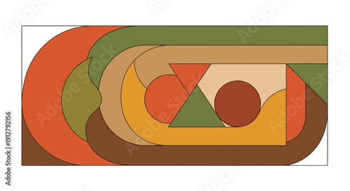 1970s Retro Abstract Geometric Art Print with Organic Shapes and Mid-Century Modern Earth Tone Color Palette