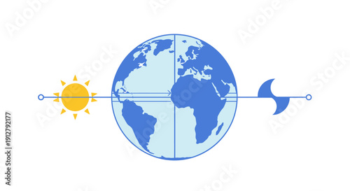Earth Day and Night Cycle Diagram. Scientific illustration of planetary rotation, sunlight, darkness, and the global time zone boundary (Terminator line).