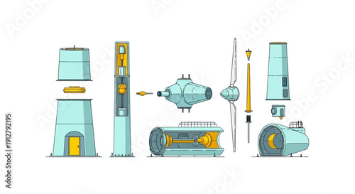 Wind Turbine Components Exploded View Diagram. Detailed Engineering Schematic of Renewable Energy Structure and Mechanism.