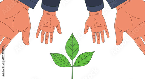 Adult and Child Hands Protecting Green Plant Sapling. Family Nurturing Growth, Environmental Stewardship, Ecology, and Sustainability Illustration.