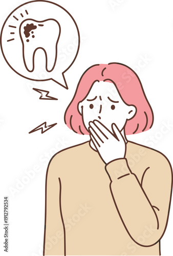 Cartoon person with toothache, pink hair, beige sweater, cavity thought bubble, dental pain, discomfort expression, vector illustration