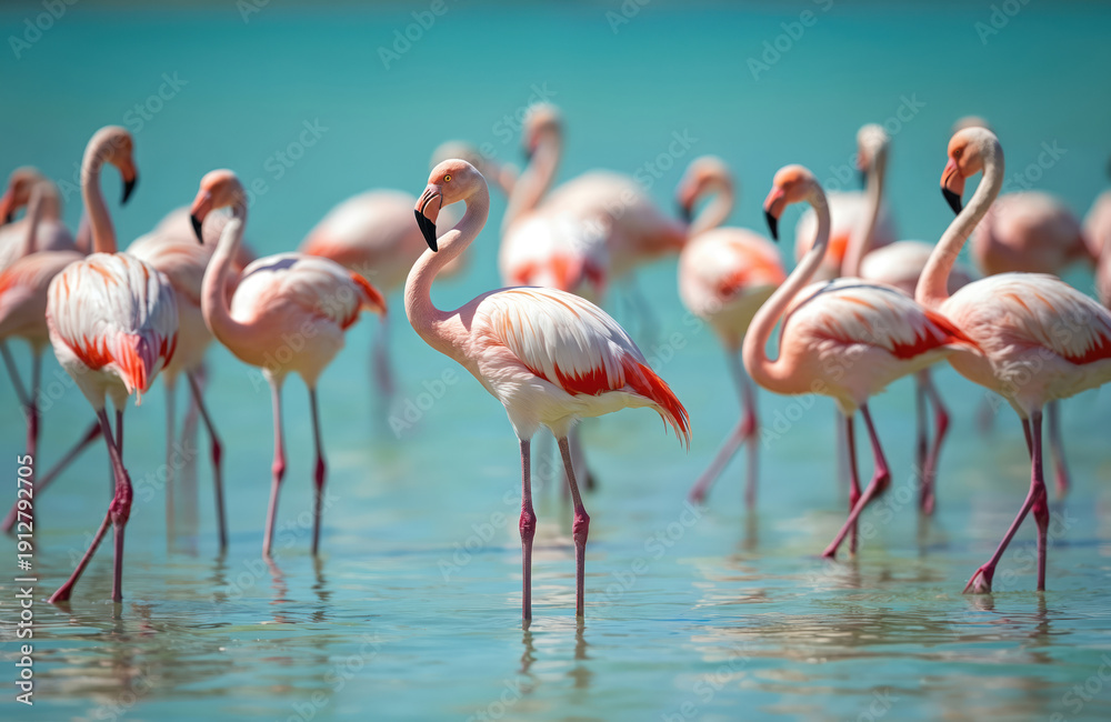 Obraz premium A flock of bright pink flamingos wade in shallow turquoise water. They stand gracefully on long legs in a natural habitat. Birds show pink and white plumage with red accents.