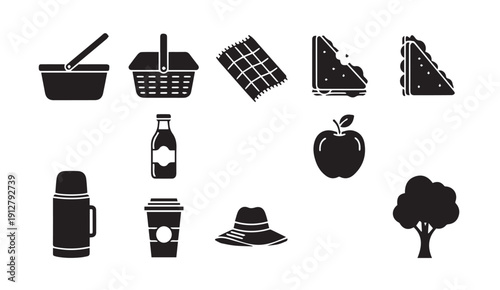 Collection of modern picnic icons in black and white