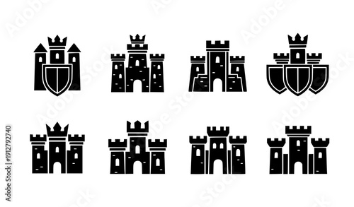 Heraldic castle logo icon set vector luxury fortress symbols isolated on transparent background