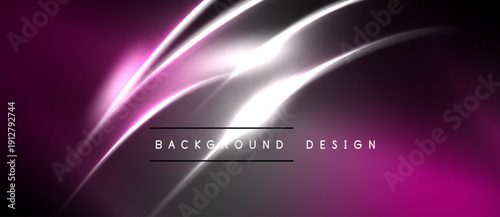 Abstract purple design features flowing lines, bright highlights. Dark background creates dramatic visual effect. Modern, sleek presentation.