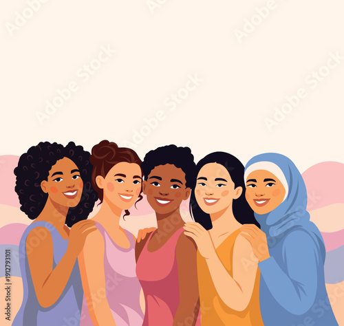 Vector banner for Women's Day, March 8, and Equality Day. Women of different nationalities and cultures stand together, smiling, and hugging. Unity, empowerment, social media. Modern advertising style