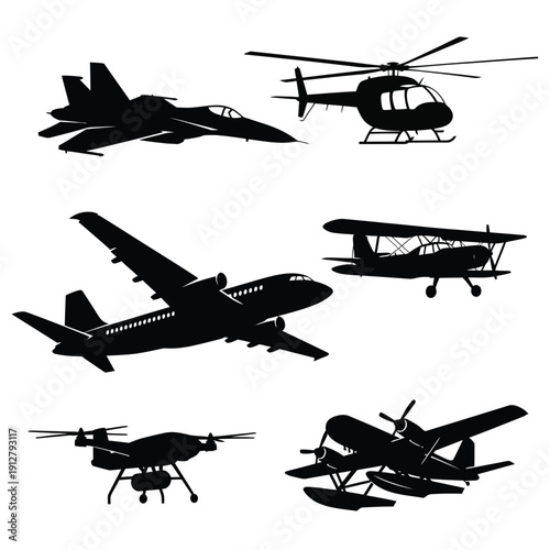 Silhouettes of various aircraft in flight