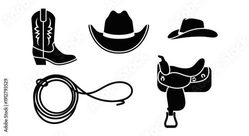 Western Cowboy Gear Silhouette: Boots, Hat, Saddle, Lasso