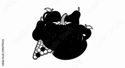 Assorted fruits including a pumpkin, apples, pears, and grapes