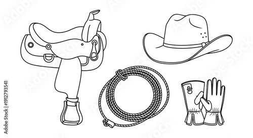 Western Cowboy Gear: Saddle, Hat, Lasso, and Gloves - Vector Illustration