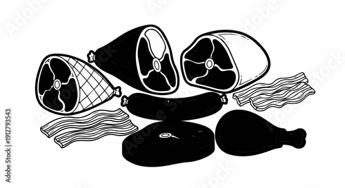 Assorted raw meats including ham, steak, sausage, bacon, and chicken