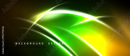 Abstract neon lines create vibrant energy. Green, yellow, orange hues blend against dark backdrop. Modern design element.
