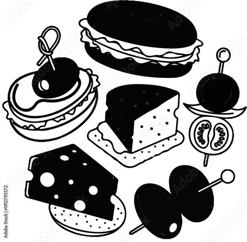 Assorted savory snacks including cheese wedges, olives, and mini sandwiches