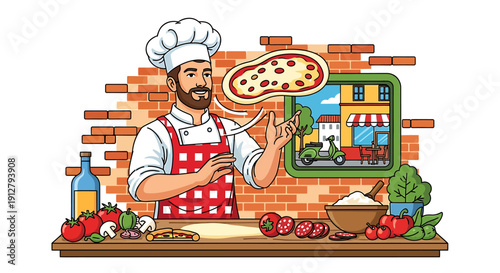 Enthusiastic cartoon chef skillfully tosses pizza dough, surrounded by fresh ingredients and a charming Italian street backdrop, illustrating the vibrant art of food preparation