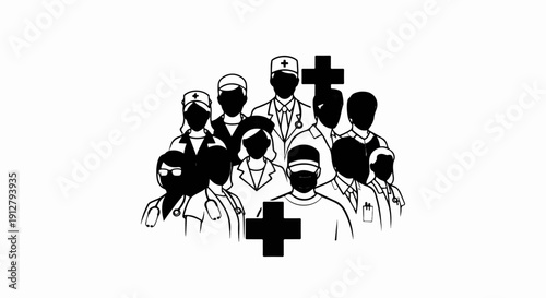 A stylized drawing depicts a diverse group of medical professionals