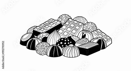 Assortment of assorted chocolates and chocolate bars, black and white illustration