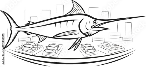 A stylized drawing depicts a large marlin above fish displayed in boxes