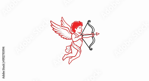 A stylized drawing of a cherub with wings, aiming a bow and arrow