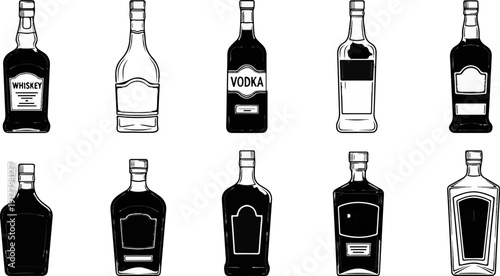 Assortment of illustrated liquor bottles in various shapes and sizes on white