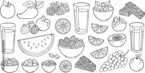 Assortment of hand-drawn fruits, juices, and snack bars