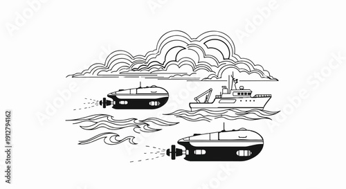 A stylized graphic depicts two submarines and a ship sailing on wavy water under a cloudy sky