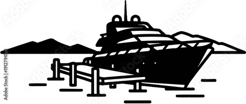 A stylized graphic of a large yacht docked at a pier with mountains in the background