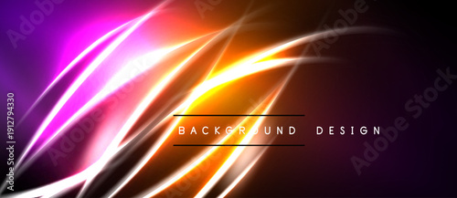 Bright neon curves radiate from center. Purple, orange, white hues blend into dark background. Modern abstract design element.