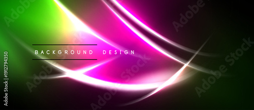 Abstract vibrant design. Green, pink, purple gradients create flowing lines, modern aesthetic. Dark background enhances luminosity.