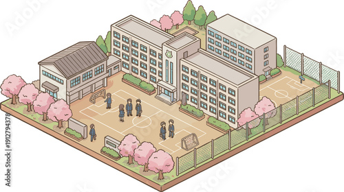 アイソメトリックの高校キャンパスと校庭のイラスト