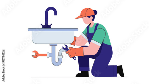 A plumber in overalls fixing a sink with a wrench in a domestic setting