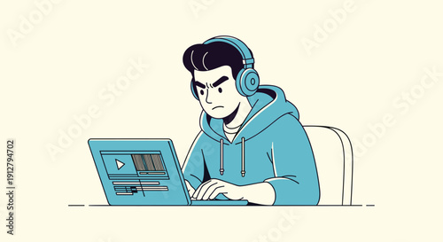 Man Wearing Headphones Working on Laptop.