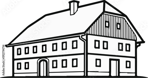 A stark black and white line drawing of a traditional two-story house