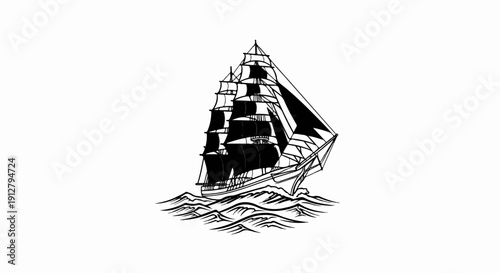 Black and white drawing of a sailing ship on waves
