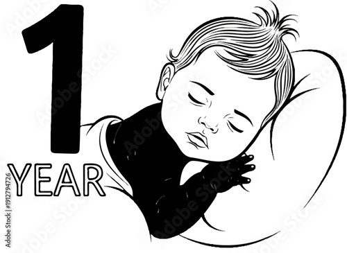 Black and white drawing of a sleeping baby with the number 1 and the word YEAR