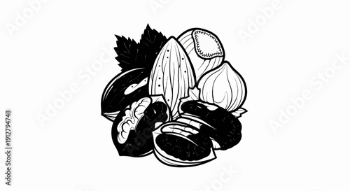 Assortment of nuts and leaves, rendered in a graphic illustration style