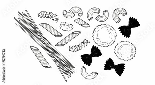 Assortment of pasta shapes in black and white line art