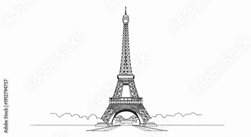 A stark black and white line drawing of the Eiffel Tower, an iconic landmark