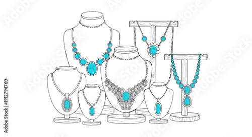 Assortment of necklaces featuring turquoise stones on display stands