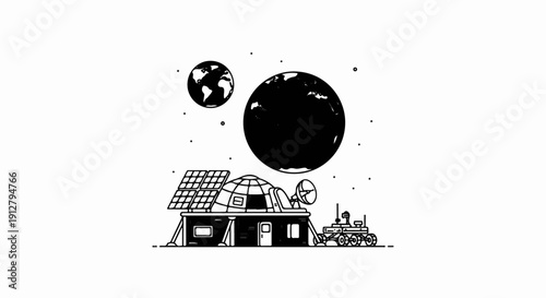 Astronaut base with rover and Earth in space