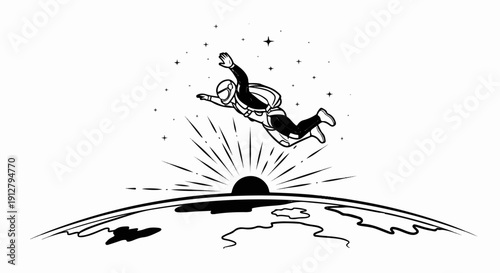 Astronaut freefalling above a glowing planet with stars in the background