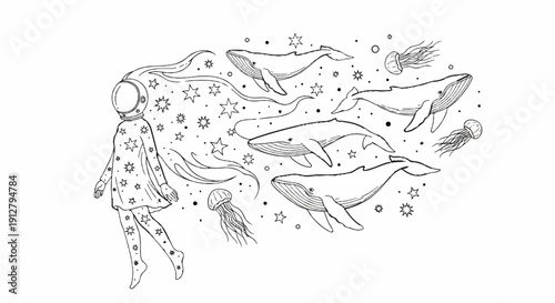 Astronaut in a starry suit floats with whales and jellyfish in space