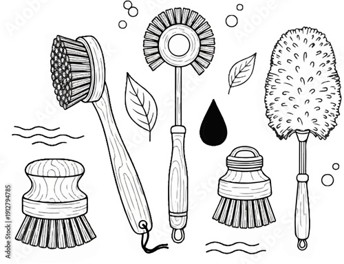 Assortment of wooden cleaning brushes and hygiene items