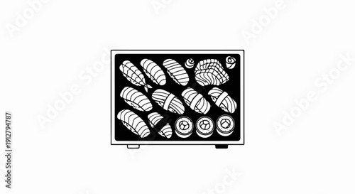 Assortment of various delicious sushi pieces neatly arranged on a dark platter