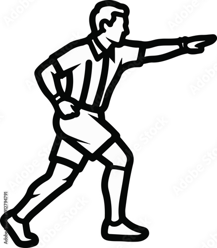 Athletic figure in striped attire pointing forward decisively, in motion